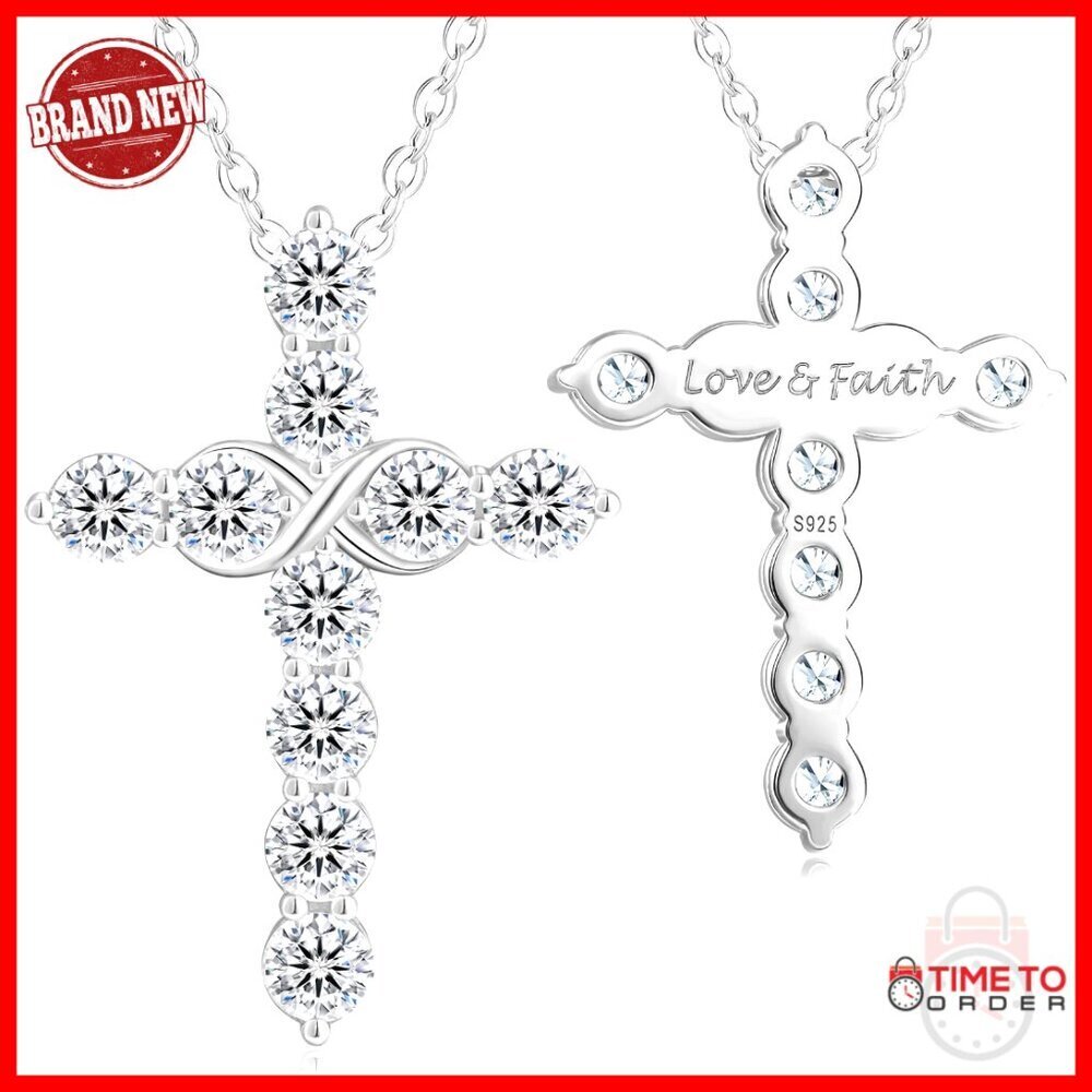 Sterling Silver Moissanite Cross Pendant Necklace, Hypoallergenic, Gift Box